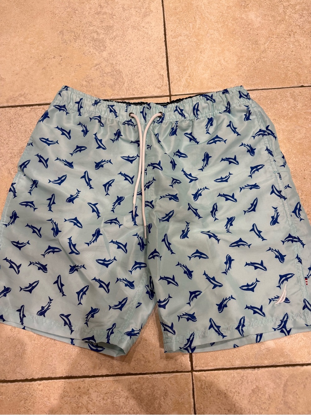 Nautica Light Blue Swim Trunks with Navy Shark Print